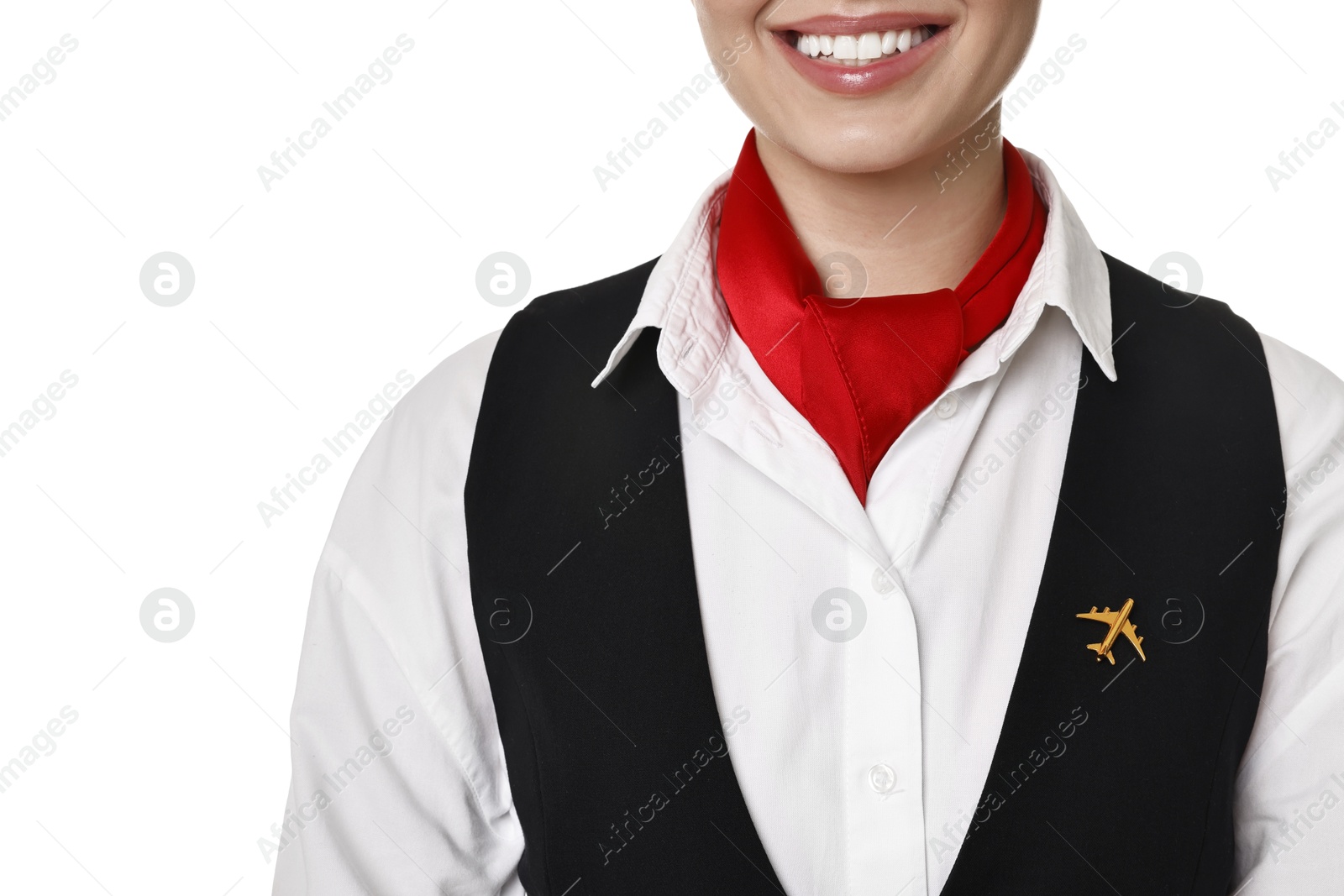 Photo of Happy flight attendant in uniform on white background, closeup