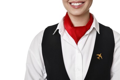 Happy flight attendant in uniform on white background, closeup