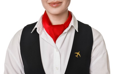 Flight attendant in uniform on white background, closeup