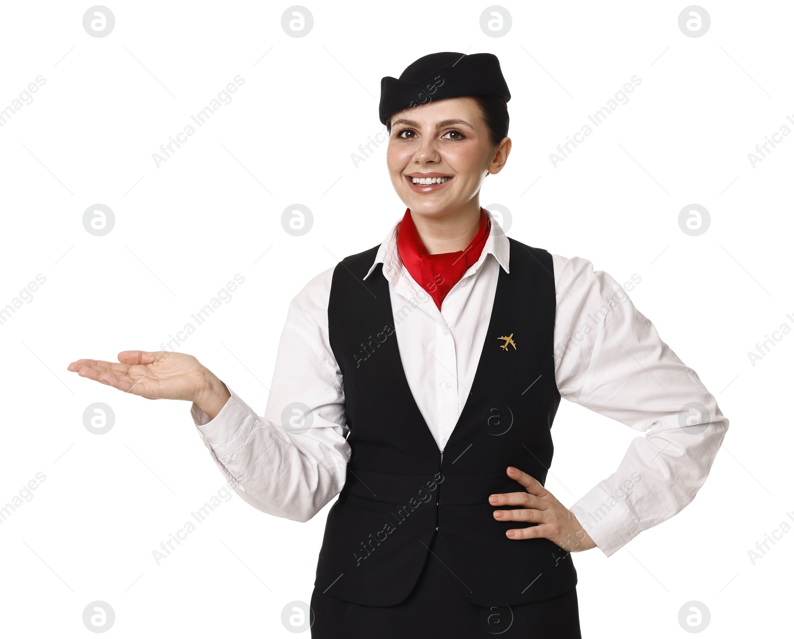 Photo of Smiling flight attendant showing something on white background