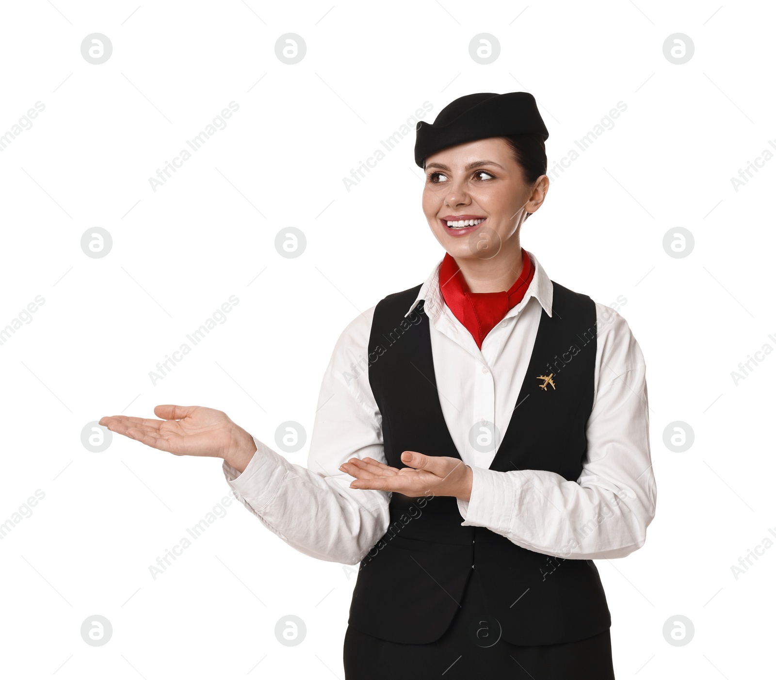 Photo of Smiling flight attendant showing something on white background