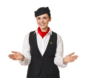 Smiling flight attendant demonstrating safety instruction on white background