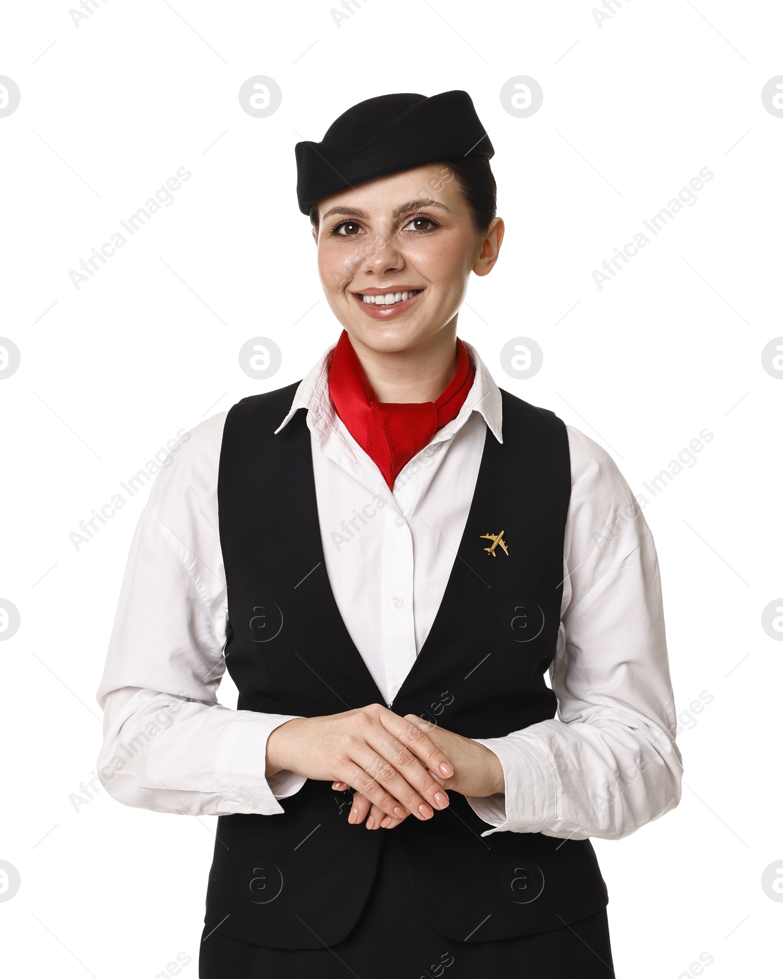 Photo of Happy flight attendant in uniform on white background