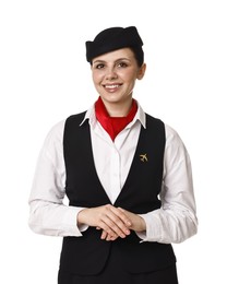 Happy flight attendant in uniform on white background