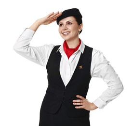 Photo of Happy flight attendant in uniform on white background