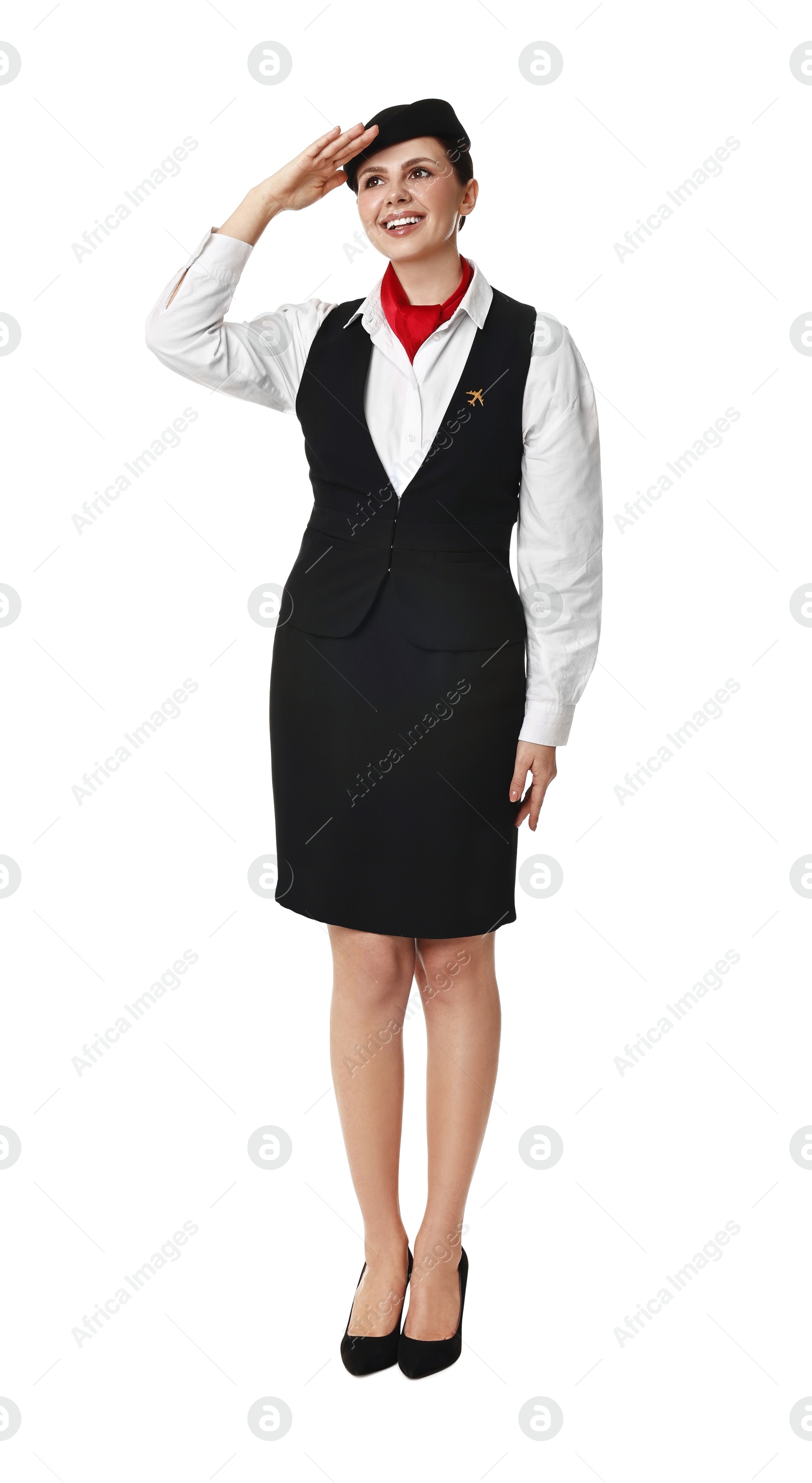 Photo of Happy flight attendant in uniform on white background