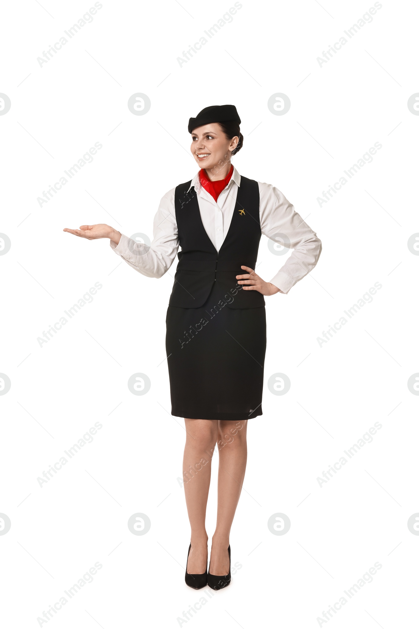 Photo of Smiling flight attendant showing something on white background