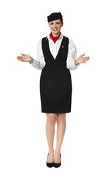 Photo of Smiling flight attendant demonstrating safety instruction on white background