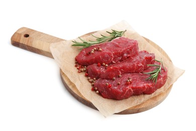 Photo of Pieces of raw beef meat, rosemary and peppercorns isolated on white