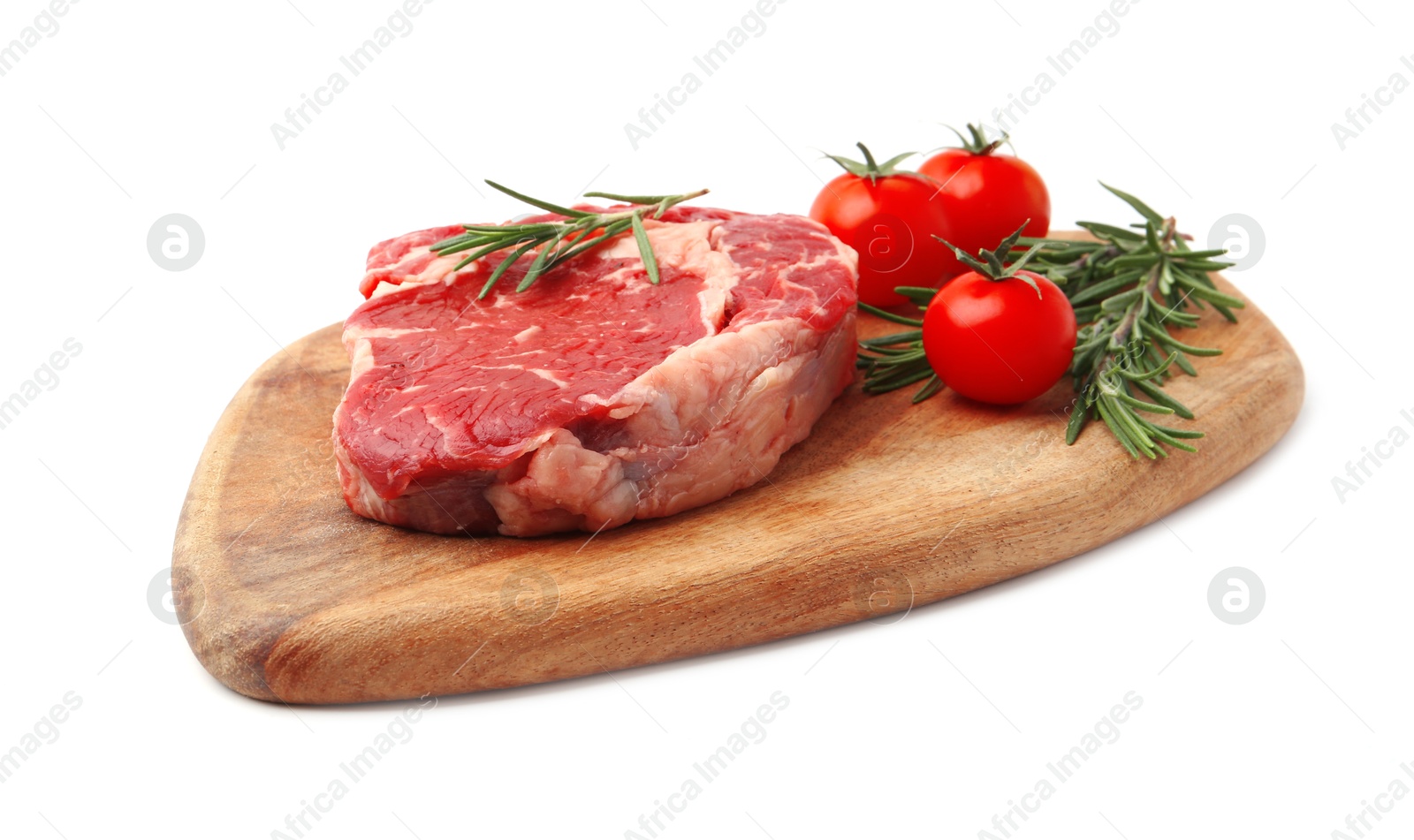 Photo of Piece of raw beef meat, rosemary and tomatoes isolated on white