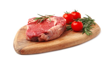 Photo of Piece of raw beef meat, rosemary and tomatoes isolated on white