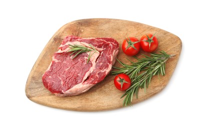 Photo of Piece of raw beef meat, rosemary and tomatoes isolated on white, top view