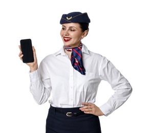 Photo of Happy stewardess with smartphone on white background