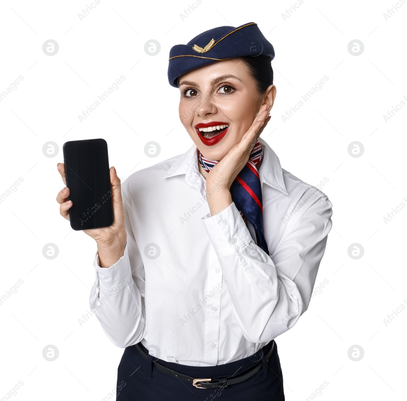 Photo of Happy stewardess with smartphone on white background