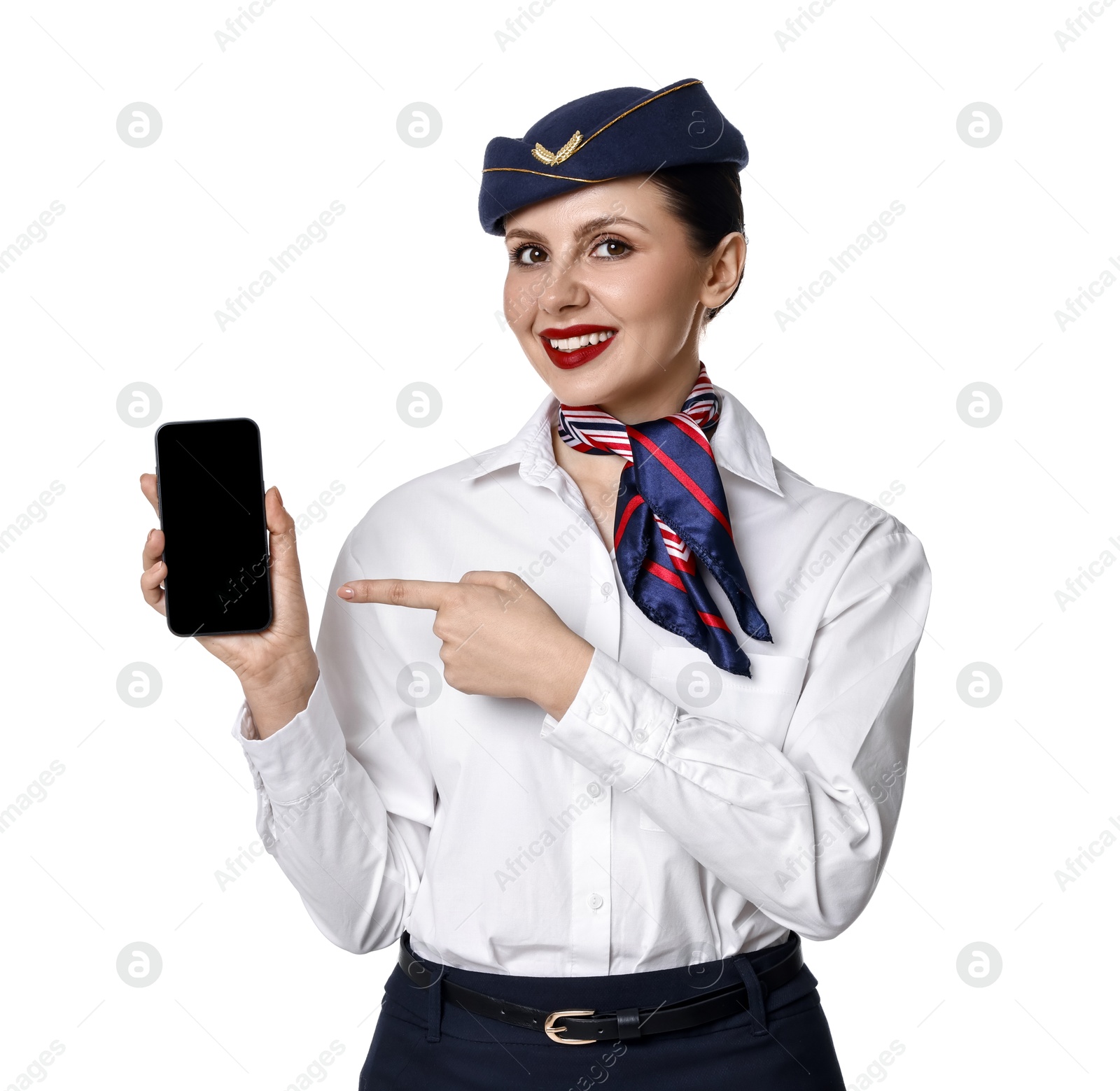 Photo of Happy stewardess pointing at smartphone on white background