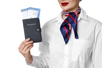 Photo of Stewardess holding passport with flight tickets on white background, closeup