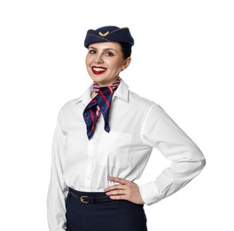 Photo of Portrait of smiling stewardess on white background