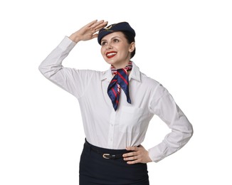 Photo of Portrait of smiling stewardess on white background