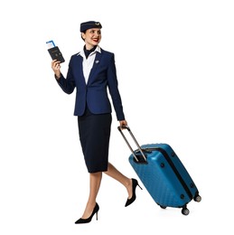 Photo of Happy stewardess with suitcase, passport and flight ticket on white background