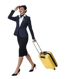 Photo of Smiling stewardess with suitcase on white background