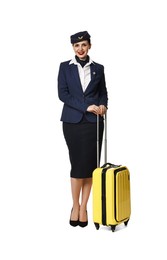 Photo of Smiling stewardess with suitcase on white background