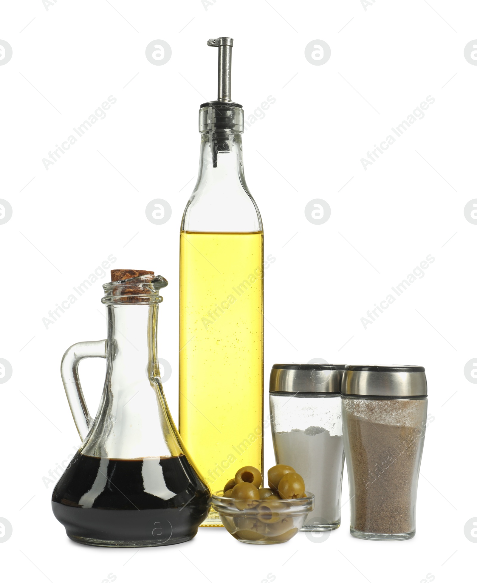 Photo of Salad dressings, spices and olives isolated on white