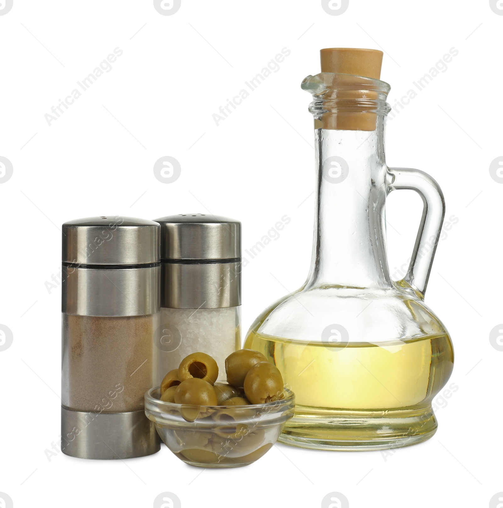 Photo of Oil, spices and olives isolated on white