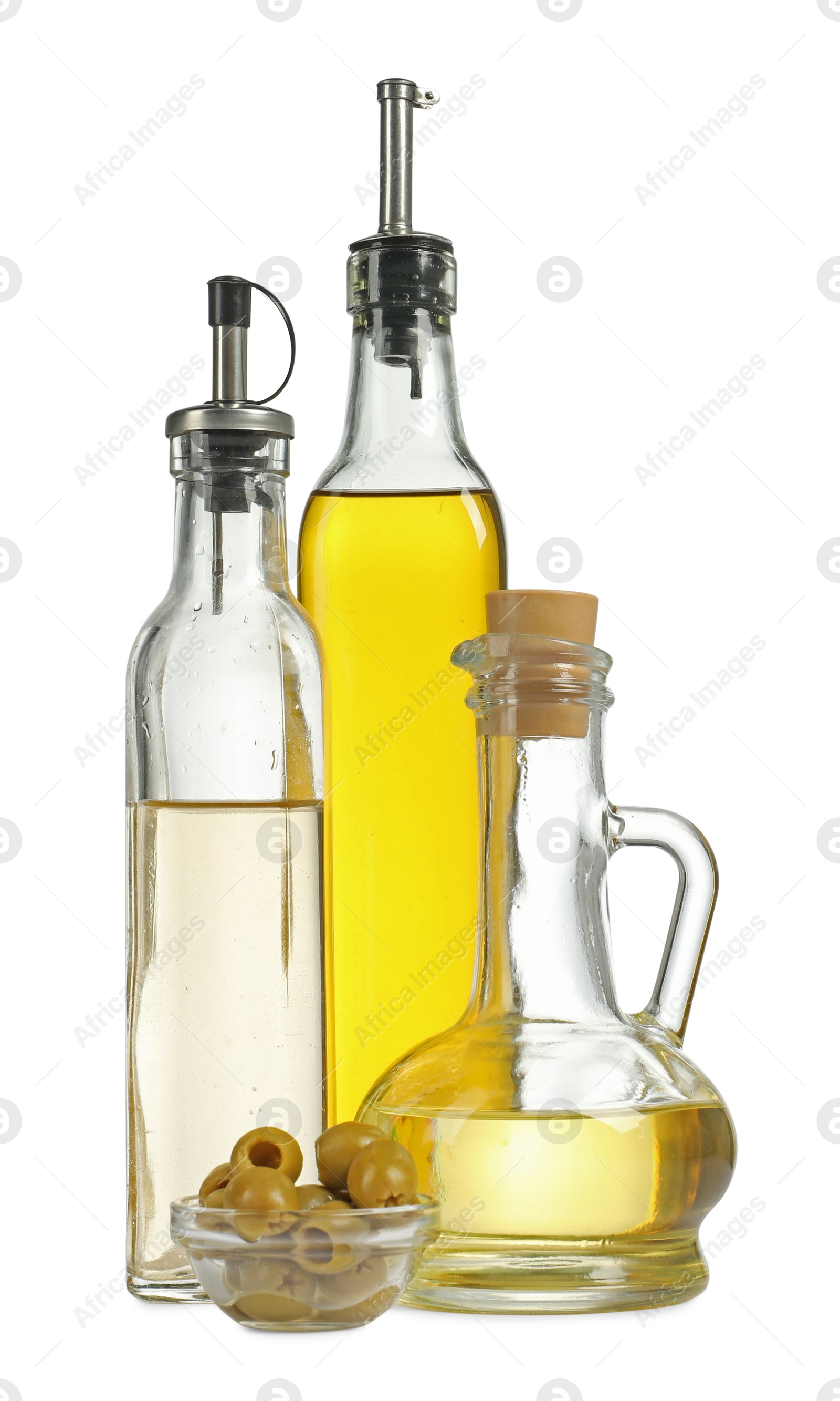 Photo of Salad dressings and olives isolated on white