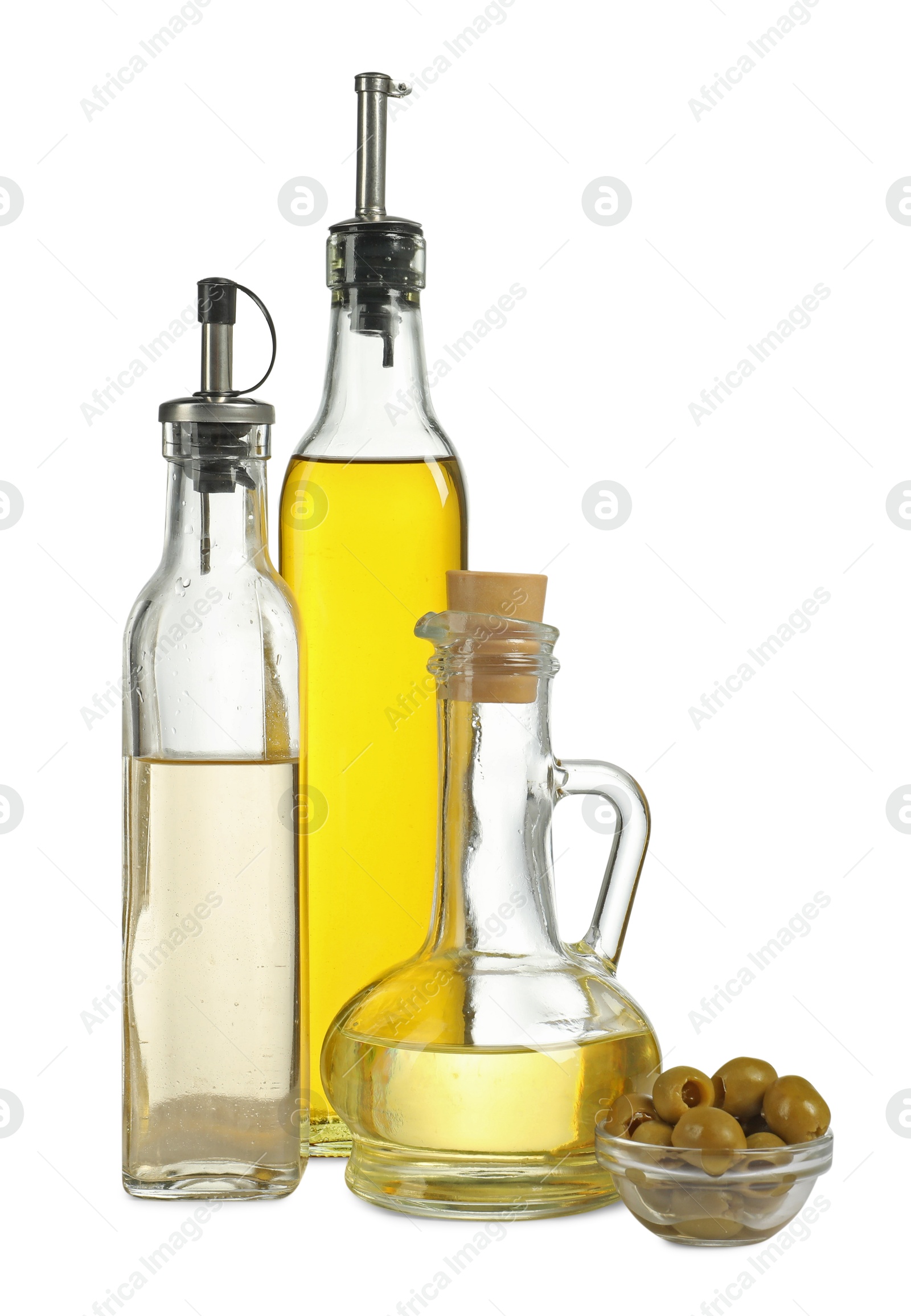 Photo of Salad dressings and olives isolated on white