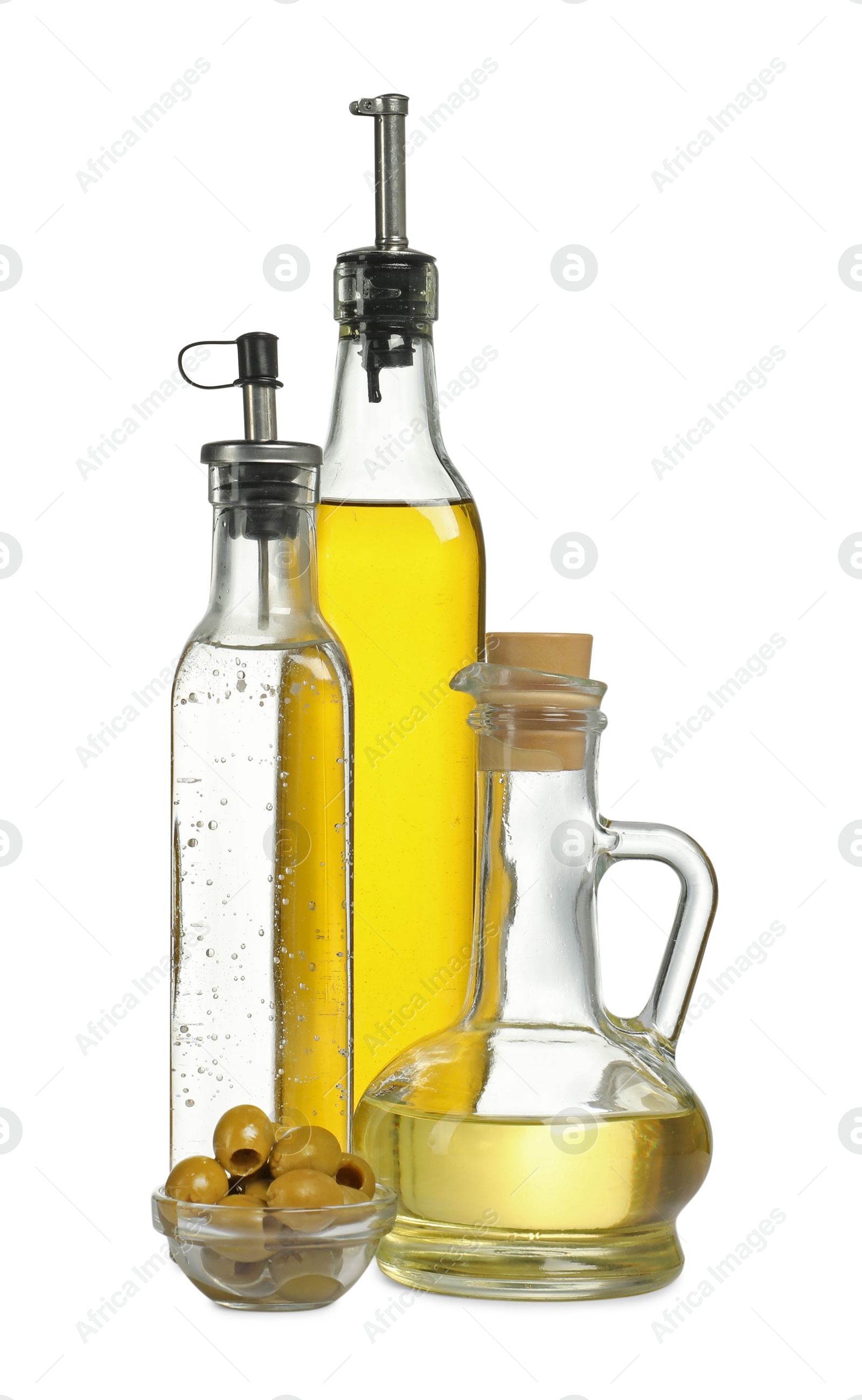 Photo of Salad dressings and olives isolated on white