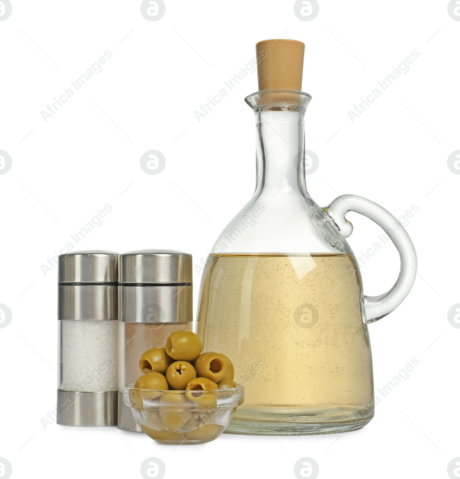 Photo of Vinegar, spices and olives isolated on white