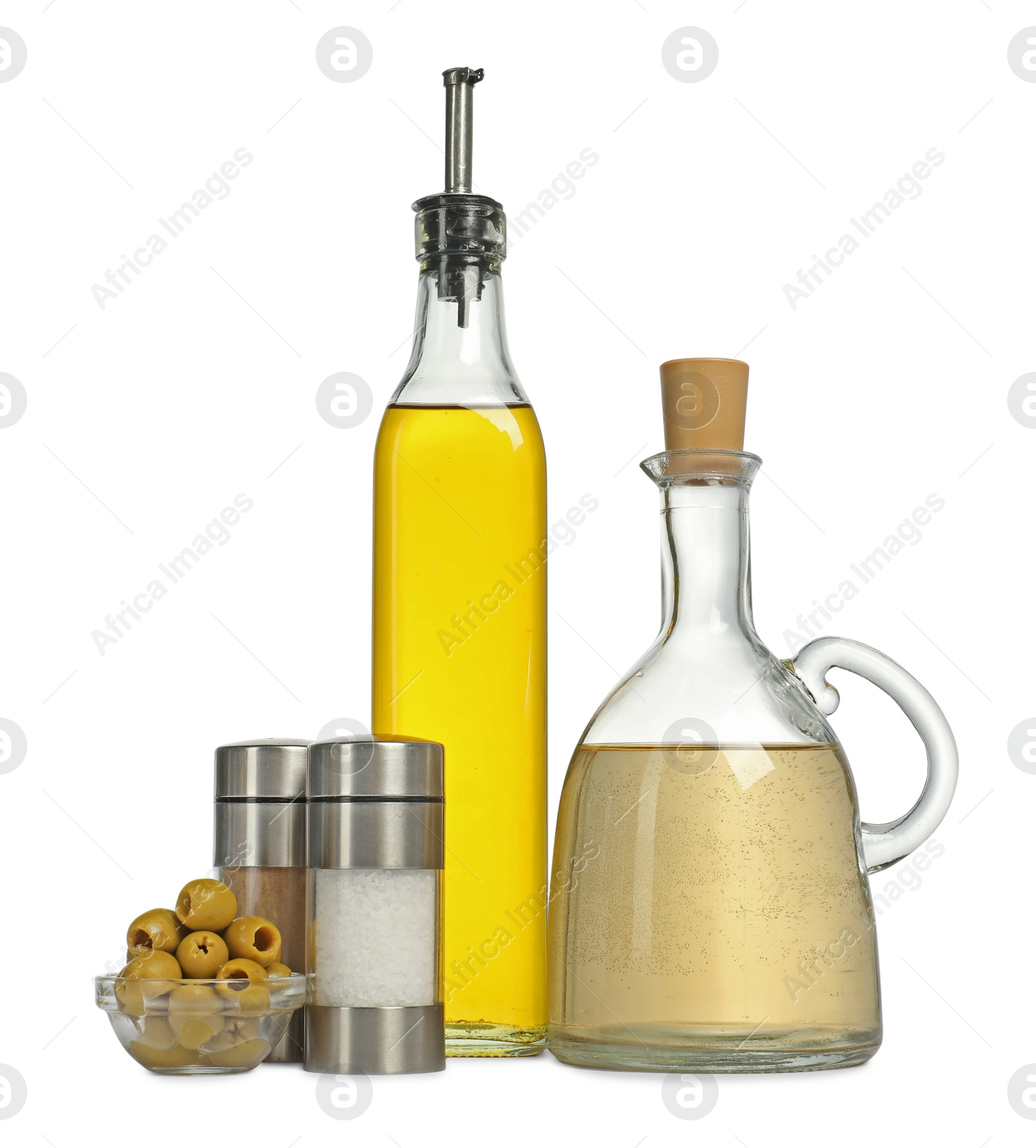 Photo of Salad dressings, spices and olives isolated on white