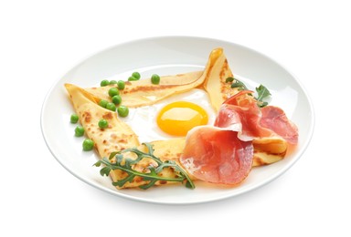 Photo of Delicious crepe with egg, bacon, green peas and arugula isolated on white