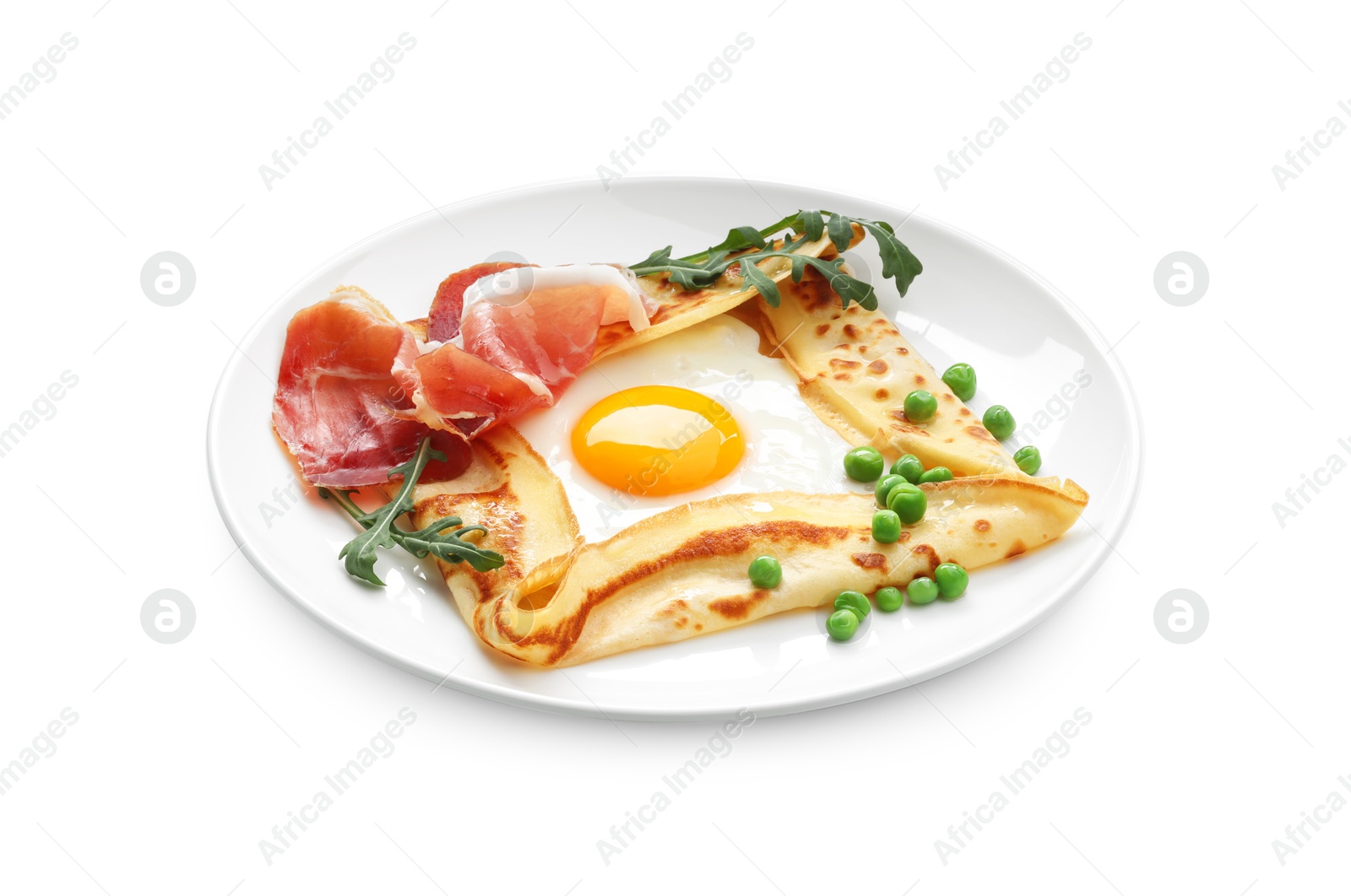 Photo of Delicious crepe with egg, bacon, green peas and arugula isolated on white