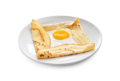 Photo of Delicious crepe with egg isolated on white