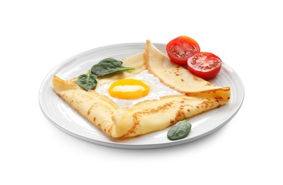 Photo of Delicious crepe with egg, tomato and basil isolated on white