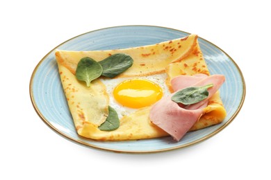 Photo of Delicious crepe with egg, ham and basil isolated on white