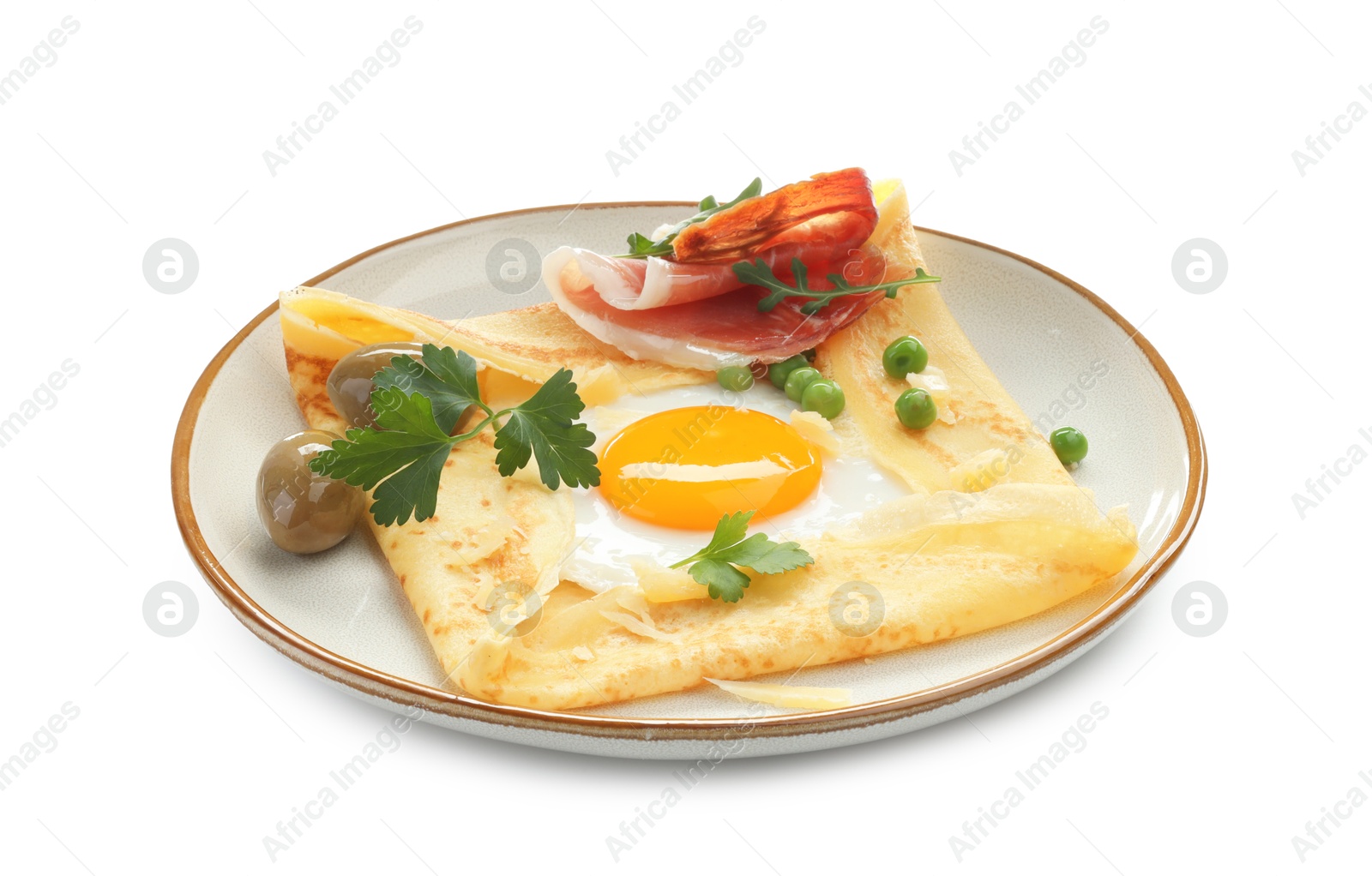 Photo of Delicious crepe with egg, bacon, olives and green peas isolated on white