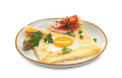 Photo of Delicious crepe with egg, bacon, olives and green peas isolated on white