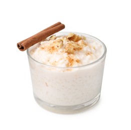 Photo of Tasty rice pudding with cinnamon and nuts in glass bowl isolated on white