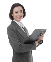 Portrait of young secretary with clipboard on white background