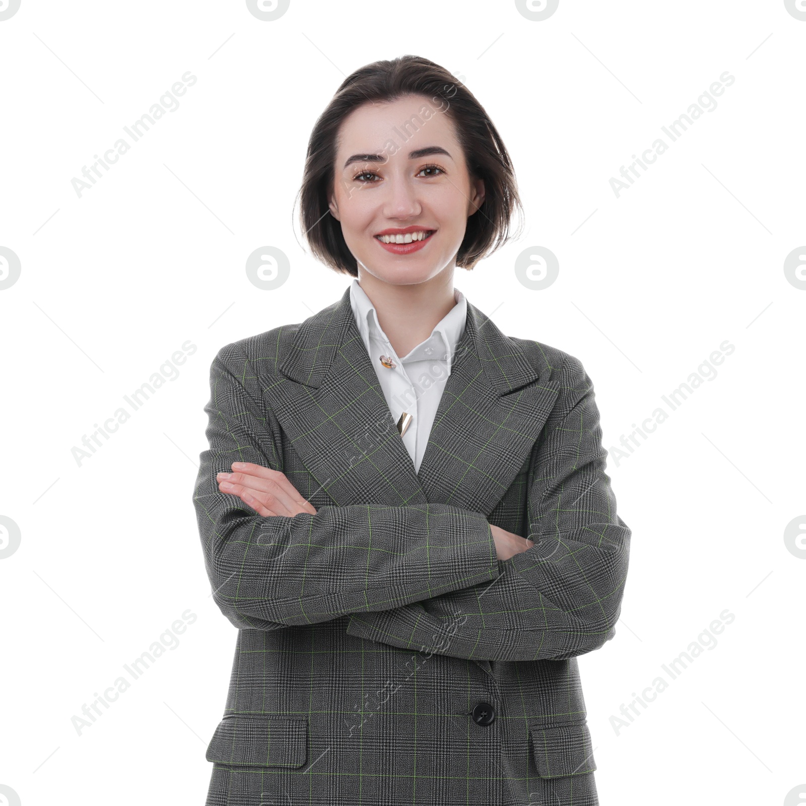 Photo of Portrait of confident secretary on white background