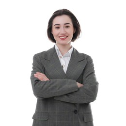 Photo of Portrait of confident secretary on white background