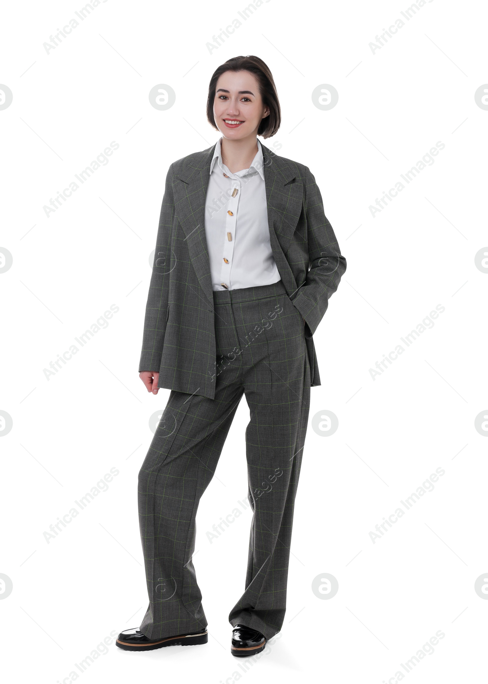 Photo of Full length portrait of confident secretary on white background