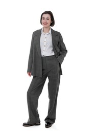 Full length portrait of confident secretary on white background