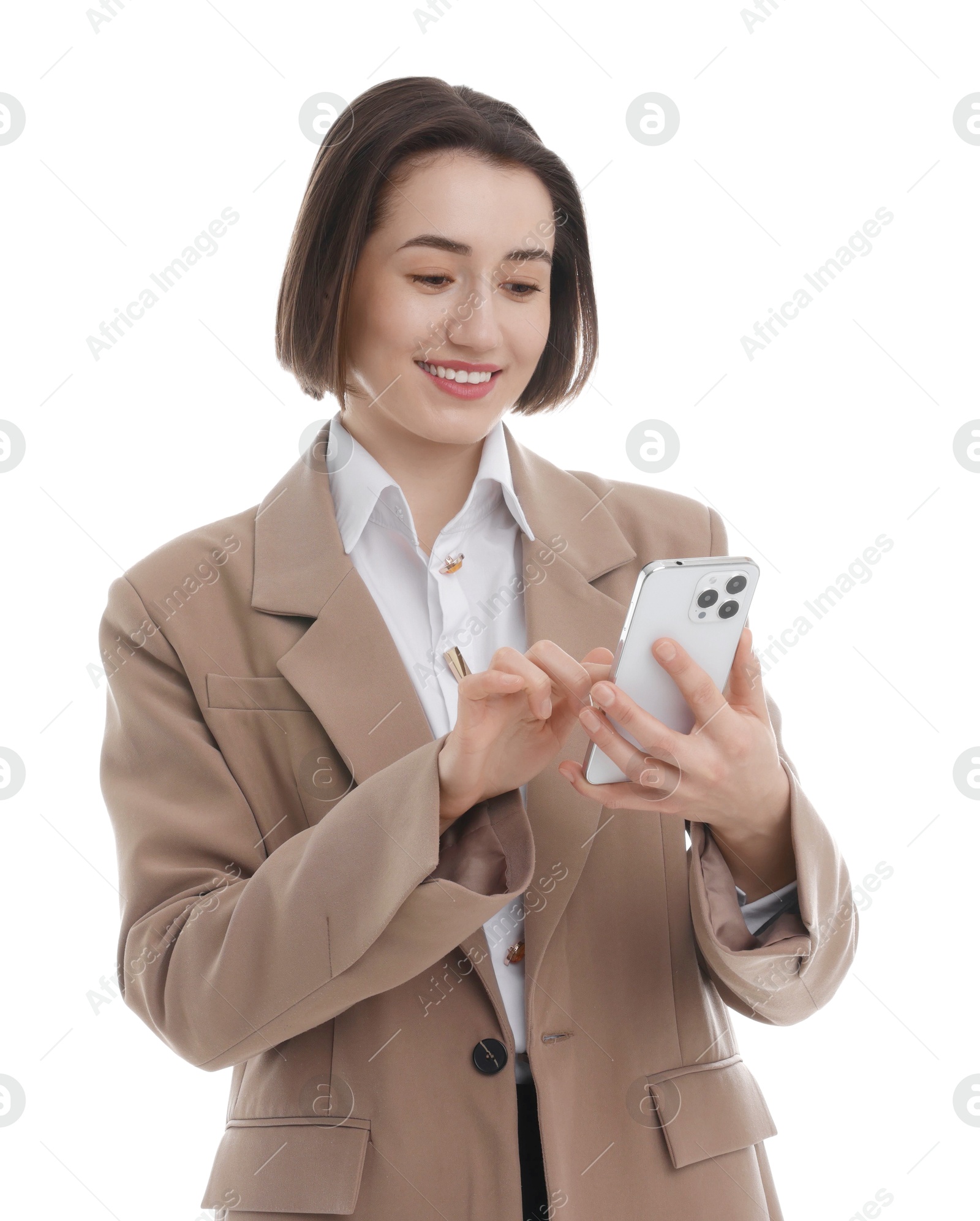 Photo of Smiling secretary using smartphone on white background