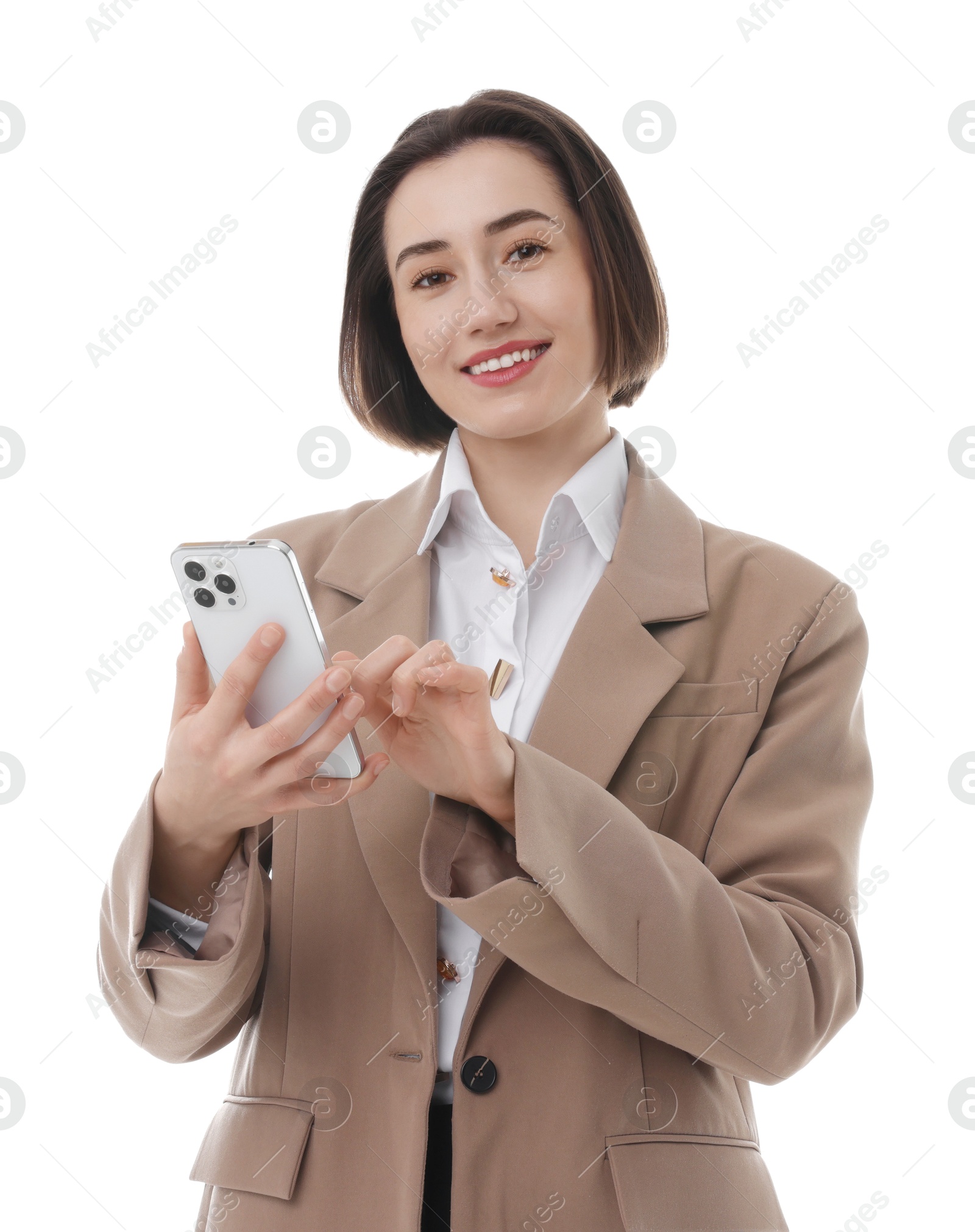 Photo of Smiling secretary using smartphone on white background