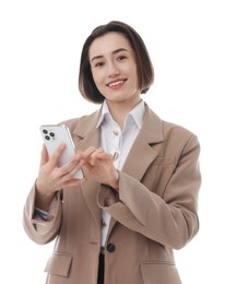 Smiling secretary using smartphone on white background