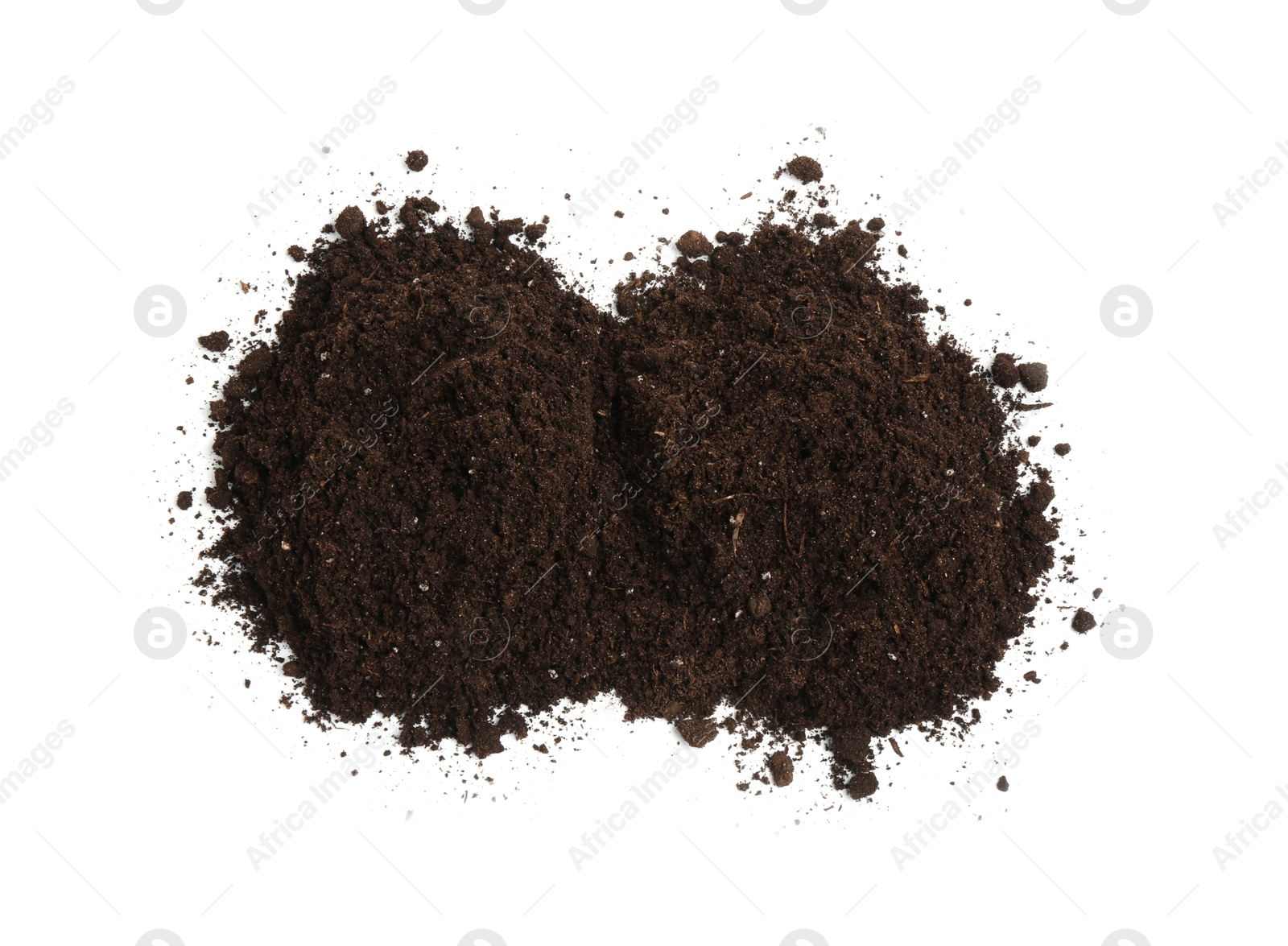 Photo of Piles of fresh soil isolated on white, top view