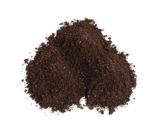 Photo of Piles of fresh soil isolated on white, top view